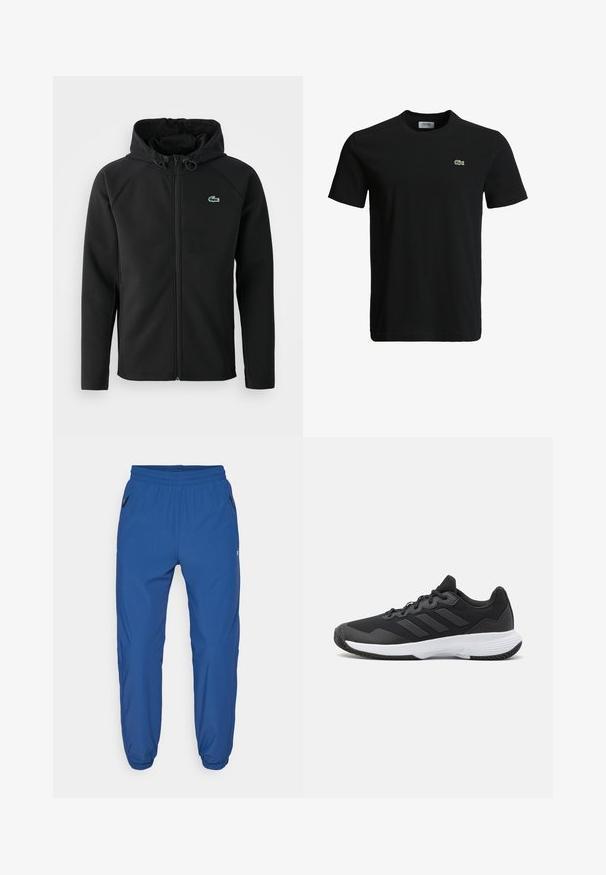 Svart hettejakke laget av myk, elastisk stoff. Har frontglidning, sidelommer og en liten grønn Lacoste-logo på brystet.; Svart bomulls T-skjorte med rund hals, korte ermer, og en liten grønn krokodille-logo på venstre bryst. Glatt tekstur, uformelt design.; Blå idrettsbukser laget av glatt stoff, med elastisk midjebånd, sidelommer med glidelås og avsmalnende ben med elastiske mansjetter.; Svart idrettssko med teksturert overdel, tre horisontale striper, og en hvit såle med mønstret gummibunn. Lettvekts og strømlinjeformet design.