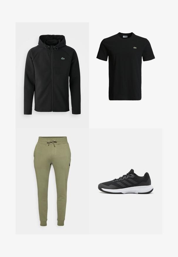 Casaco com capuz preto, feito de tecido macio e elástico. Apresenta um fecho éclair frontal, bolsos laterais e um pequeno logótipo verde da Lacoste no peito.; T-shirt de algodão preto com decote redondo, mangas curtas e um pequeno logotipo de crocodilo verde no lado esquerdo do peito. Textura suave, design casual.; Calças de jogging em mistura de algodão verde, com cintura elástica com cordão, bolsos laterais e punhos canelados. Pequeno logo na lateral.; Sapatilha atlética preta com um upper texturizado, três riscas horizontais e uma sola branca com um padrão de piso. Design leve e aerodinâmico.