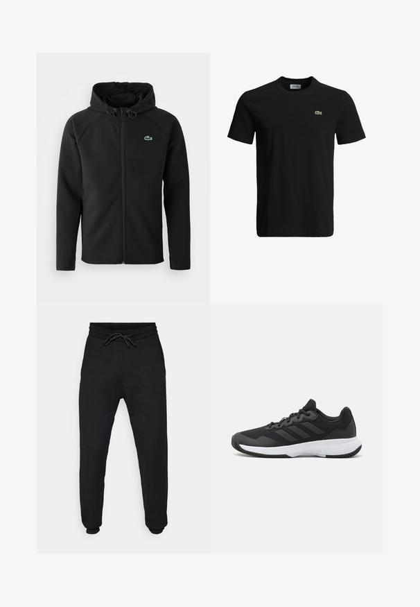 Zwarte hooded jacket, gemaakt van zachte, rekbare stof. Voorzien van een ritssluiting aan de voorkant, zijkerftjes en een klein groen Lacoste-logo op de borst.; Zwart katoenen t-shirt met een ronde hals, korte mouwen en een klein groen krokodillenlogo op de linkerborst. Vloeiende textuur, casual ontwerp.; Zwarte sweatpants van zacht materiaal, met een elastische tailleband en een trekkoord, meegeknoopte enkels en zijzakken.; Zwarte sportieve schoen met een gestructureerde bovenkant, drie horizontale strepen en een witte zool met een gepatternde loopvlak. Lichtgewicht en gestroomlijnd ontwerp.