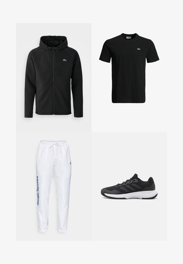 Zwarte hooded jacket, gemaakt van zachte, rekbare stof. Voorzien van een ritssluiting aan de voorkant, zijkerftjes en een klein groen Lacoste-logo op de borst.; Zwart katoenen t-shirt met een ronde hals, korte mouwen en een klein groen krokodillenlogo op de linkerborst. Vloeiende textuur, casual ontwerp.; Witte trainingsbroek met een elastische tailleband en trekkoord. Heeft een blauw logo en de merknaam "Sergio Tacchini" aan de zijkant, en is voorzien van aansluitende boorden.; Zwarte sportieve schoen met een gestructureerde bovenkant, drie horizontale strepen en een witte zool met een gepatternde loopvlak. Lichtgewicht en gestroomlijnd ontwerp.
