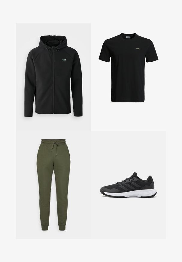 Casaco com capuz preto, feito de tecido macio e elástico. Apresenta um fecho éclair frontal, bolsos laterais e um pequeno logótipo verde da Lacoste no peito.; T-shirt de algodão preto com decote redondo, mangas curtas e um pequeno logotipo de crocodilo verde no lado esquerdo do peito. Textura suave, design casual.; Calças de treino verde-olmoliveira feitas de material suave, com cintura ajustável por cordão, pernas afinadas e bolsos laterais. Design simples e uniforme.; Sapatilha atlética preta com um upper texturizado, três riscas horizontais e uma sola branca com um padrão de piso. Design leve e aerodinâmico.