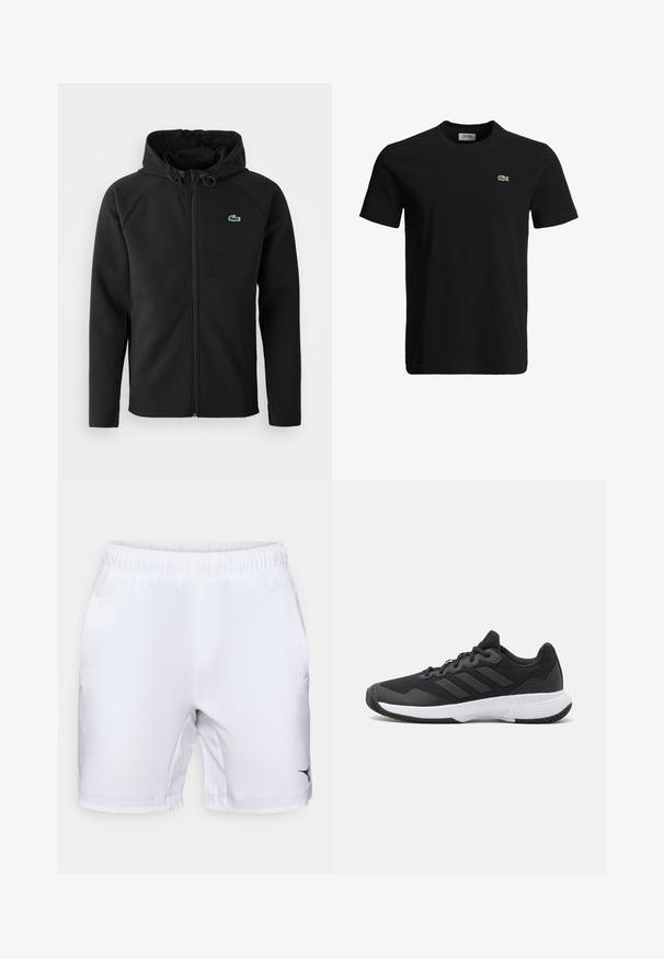 Musta huppari, joka on valmistettu pehmeästä ja joustavasta kankaasta. Siinä on edessä vetoketju, sivutaskut ja pieni vihreä Lacoste-logo rinnassa.; Musta puuvillapaita, jossa on pyöreä kaula-aukko, lyhyet hihat ja pieni vihreä krokotiililogo vasemmassa rinnassa. Sileä kuitu, rento muotoilu.; Valkoiset urheilushortsit, joissa on joustava vyötärö, sivutaskut ja musta logo alhaalla oikealla puolella. Sileä, kevyt kangas.; Musta urheilukenkä, jossa on teksturoidut päälliset, kolme vaakasuoraa raitaa ja valkoinen pohja, jossa on kuvioitu kulutuspinta. Kevyt ja virtaviivainen muotoilu.