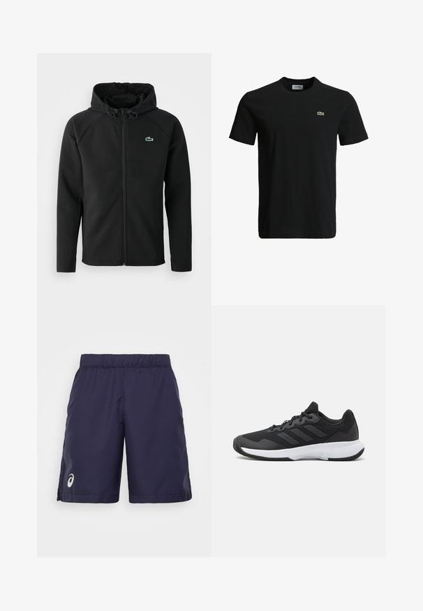 Juodas gobtuvinė striukė, pagaminta iš minkštos, tamprios medžiagos. Su priekiniais užtrauktukais, šoniniais kišenėmis ir mažu žaliu Lacoste logotipu ant krūtinės.; Juodas medvilninis marškinėliai su apvaliu kaklu, trumpomis rankovėmis ir mažu žaliu krokodilo logotipu kairėje krūtinės pusėje. Lygi tekstūra, kasdieniškas dizainas.; ASICS MEN COURT SHORT - Sportiniai šortai - midnight; Juodas sportinis batelis su tekstūruota viršutine dalimi, trimis horizontaliomis juostelėmis ir baltu padu su raštuotu protektoriumi. Lengvas ir aerodinamiškas dizainas.