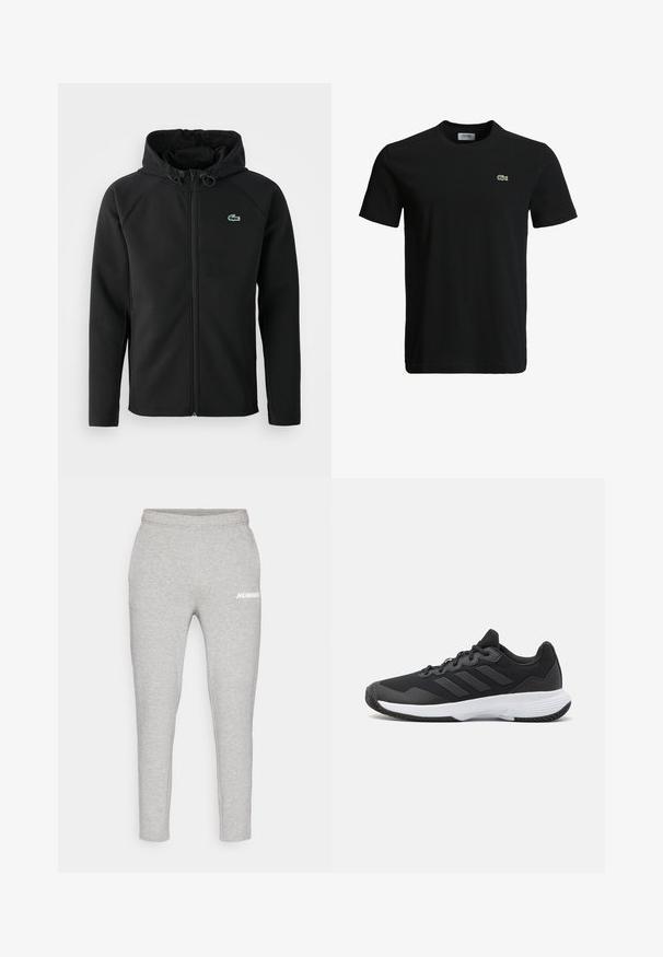 Schwarze Kapuzenjacke aus weichem, dehnbarem Stoff. Verfügt über einen Reißverschluss an der Vorderseite, seitliche Taschen und ein kleines, grünes Lacoste-Logo auf der Brust.; Schwarzes Baumwoll-T-Shirt mit Rundhalsausschnitt, kurzen Ärmeln und einem kleinen grünen Krokodil-Logo auf der linken Brust. Glatte Textur, lässiges Design.; Hummel ELEMENTAL TAPERED PANTS - Jogginghose - grey melange; Schwarzer Sportschuh mit strukturiertem Obermaterial, drei horizontalen Streifen und einer weißen Sohle mit einem gemusterten Profil. Leicht und schlank im Design.