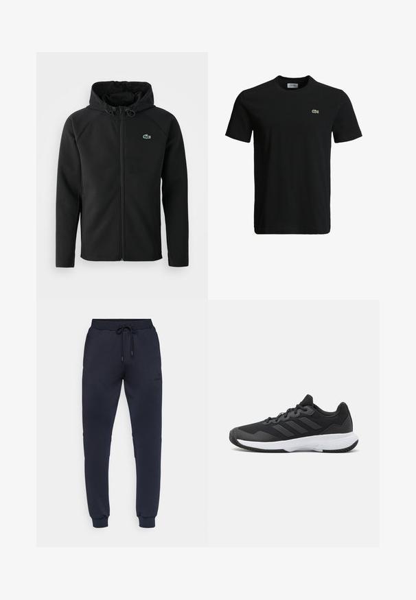 Jachetă neagră cu glugă, fabricată dintr-un material moale și elastic. Are un fermoar frontal, buzunare laterale și un mic logo verde Lacoste pe piept.; Tricou din bumbac negru cu guler rotund, mâneci scurte și un mic logo verde de crocodil pe partea stângă a pieptului. Textură netedă, design casual.; Pantaloni de trening bleu marin cu talie reglabilă, manșete elastice, două buzunare laterale și branding subtil pe piciorul stâng. Textură a materialului moale.; Pantofii sport negri au un material superior texturat, trei dungi orizontale și o talpă albă cu un profil căptușit. Au un design ușor și aerodinamic.
