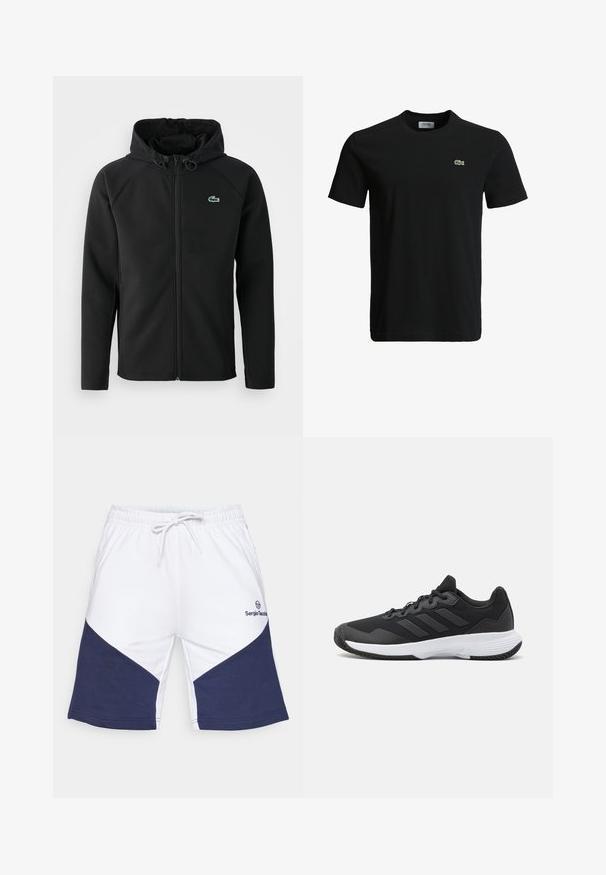 Melnas kapuces jaka, izgatavota no mīksta, stiepjama auduma. Tai ir priekšējais rāvējslēdzis, sānu kabatas un neliels zaļš Lacoste logo krūtīs.; Melna kokvilnas T-krekls ar apaļu kakla izgriezumu, īsām piedurknēm un mazu zaļu krokodila logotipu kreisajā krūtī. Gluda tekstūra, ikdienišķs dizains.; Baltas šorts ar tumši zilām chevron līnijām, elastīga jostasvieta ar apkakli un logo kreisajā pusē. Kokvilnas materiāls ar gludu tekstūru.; Melna sporta apavi ar teksturētu virsu, trim horizontālām svītrām un baltu zoli ar rakstainu protektoru. Viegls un plūstošs dizains.