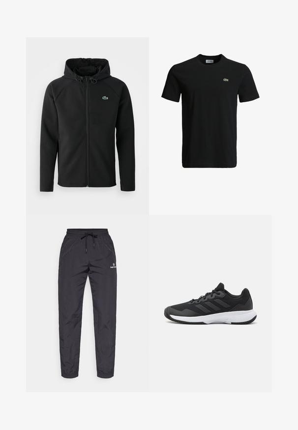 Svart hettejakke laget av myk, elastisk stoff. Har frontglidning, sidelommer og en liten grønn Lacoste-logo på brystet.; Svart bomulls T-skjorte med rund hals, korte ermer, og en liten grønn krokodille-logo på venstre bryst. Glatt tekstur, uformelt design.; Svart, lette, vannavstøtende joggebukser med elastisk midje og justerbar snor. Har tapered ben og logo-detalj.; Svart idrettssko med teksturert overdel, tre horisontale striper, og en hvit såle med mønstret gummibunn. Lettvekts og strømlinjeformet design.
