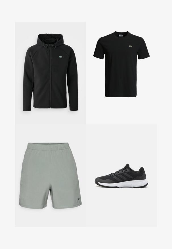 Musta huppari, joka on valmistettu pehmeästä ja joustavasta kankaasta. Siinä on edessä vetoketju, sivutaskut ja pieni vihreä Lacoste-logo rinnassa.; Musta puuvillapaita, jossa on pyöreä kaula-aukko, lyhyet hihat ja pieni vihreä krokotiililogo vasemmassa rinnassa. Sileä kuitu, rento muotoilu.; Vihreät shortsit, joissa on joustava vyötärö, valmistettu kevyestä materiaalista. Oikeassa alakulmassa pieni logo.; Musta urheilukenkä, jossa on teksturoidut päälliset, kolme vaakasuoraa raitaa ja valkoinen pohja, jossa on kuvioitu kulutuspinta. Kevyt ja virtaviivainen muotoilu.