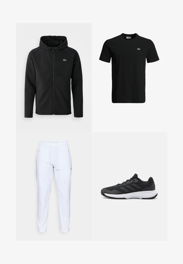 Zwarte hooded jacket, gemaakt van zachte, rekbare stof. Voorzien van een ritssluiting aan de voorkant, zijkerftjes en een klein groen Lacoste-logo op de borst.; Zwart katoenen t-shirt met een ronde hals, korte mouwen en een klein groen krokodillenlogo op de linkerborst. Vloeiende textuur, casual ontwerp.; Witte, elastische broek met tapse pasvorm, twee zijzakken en subtiele branding op het linkerbeen. Gladde textuur en lichtgewicht materiaal.; Zwarte sportieve schoen met een gestructureerde bovenkant, drie horizontale strepen en een witte zool met een gepatternde loopvlak. Lichtgewicht en gestroomlijnd ontwerp.