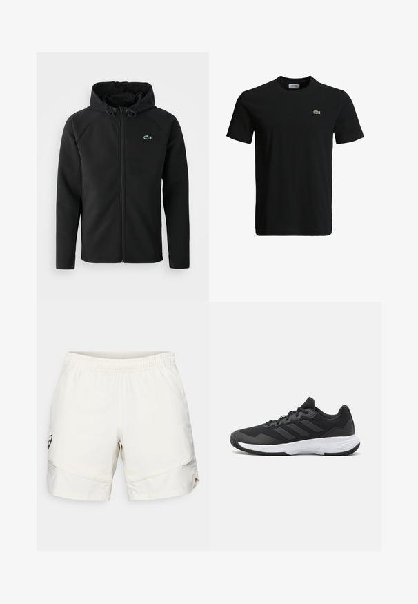 Zwarte hooded jacket, gemaakt van zachte, rekbare stof. Voorzien van een ritssluiting aan de voorkant, zijkerftjes en een klein groen Lacoste-logo op de borst.; Zwart katoenen t-shirt met een ronde hals, korte mouwen en een klein groen krokodillenlogo op de linkerborst. Vloeiende textuur, casual ontwerp.; Lichtbeige sportshorts met een elastische tailleband, zijzakken en een subtiel zwart logo aan de linkerkant. Gladde stoftextuur.; Zwarte sportieve schoen met een gestructureerde bovenkant, drie horizontale strepen en een witte zool met een gepatternde loopvlak. Lichtgewicht en gestroomlijnd ontwerp.