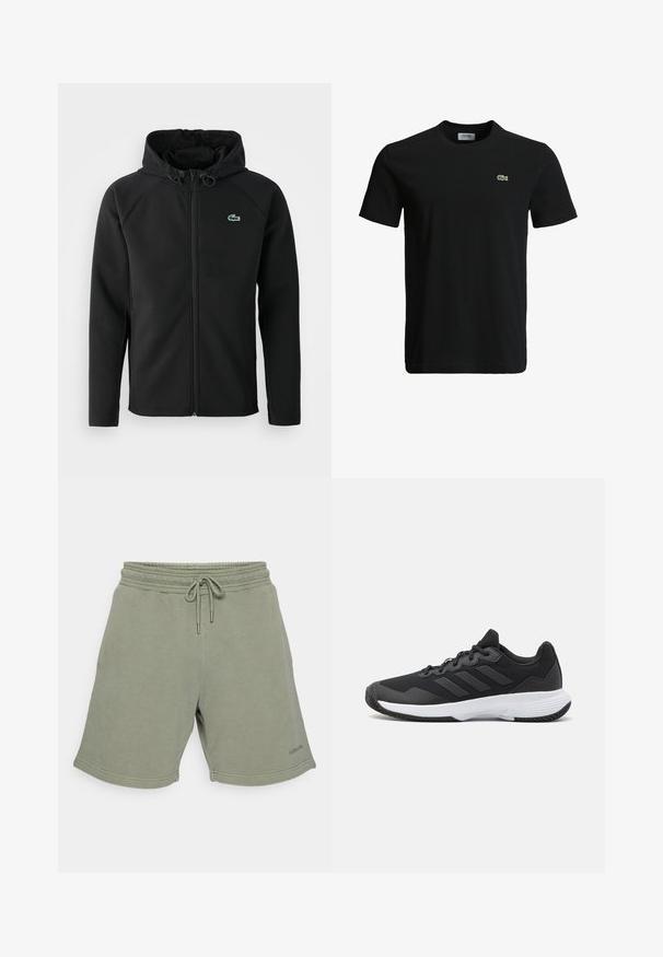 Must mustaga jope, mis on valmistatud pehmest ja venivast kangast. Omab eesmist tõmblukku, küljetaskut ning väikest roheline Lacoste logo rinnal.; Must musta T-särk ümarate kaelustega, lühikeste varrukatega ja väikese rohelise krokodilli logoga vasakul rinnal. Sile tekstuur, igapäevane disain.; Hallhalli rohelised puuvillased lühikesed püksid elastse vöökoha, paelte detaili, küljetaskute ja õmblustega servadega. Puhtal kujundusel on minimaalne bränding.; Must värvi sportlik king, millel on tekstuuriga pealispind, kolm horisontaalset triipu ja valge põhi mustriga tallaga. Kerge ja voolujooneline disain.