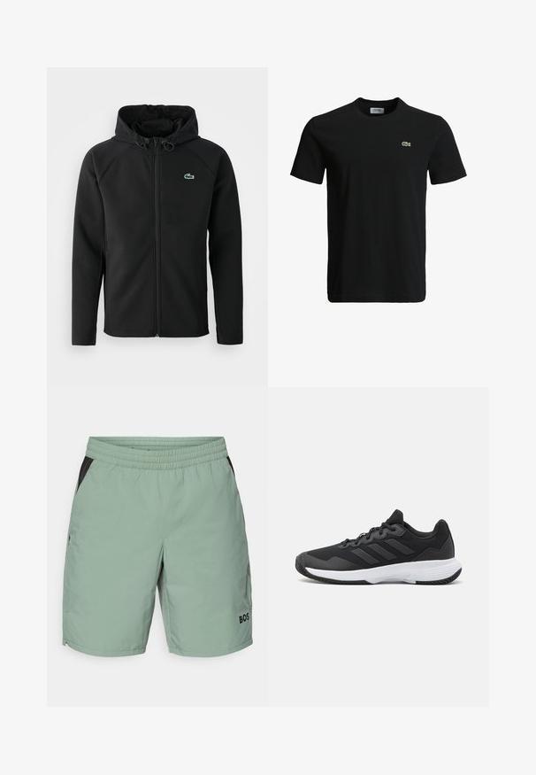 Svart huva jacka, gjord av mjukt, stretchigt tyg. Har en framsida dragkedja, sidofickor och en liten grön Lacoste-logotyp på bröstet.; Svart bomull t-shirt med rundad halsringning, korta ärmar och en liten grön krokodil-logotyp på vänster bröst. Slät textur, avslappnad design.; Ljusgröna shorts med elastisk midja, svarta sidokanter, platta frontfickor och logodetalj på nedre vänstra benet.; Svart idrottssko med en texturerad ovandel, tre horisontella ränder och en vit sula med ett mönstrat grepp. Lätt och strömlinjeformad design.