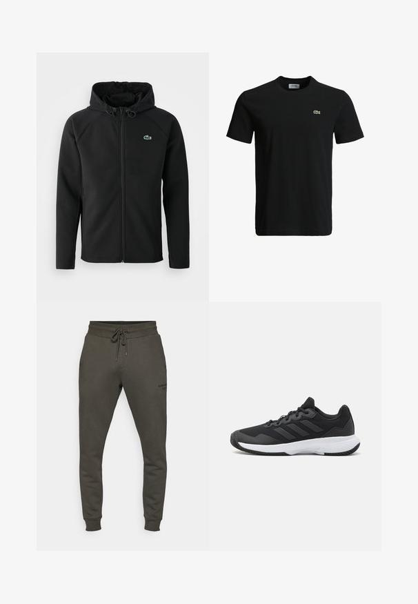 Melnas kapuces jaka, izgatavota no mīksta, stiepjama auduma. Tai ir priekšējais rāvējslēdzis, sānu kabatas un neliels zaļš Lacoste logo krūtīs.; Melna kokvilnas T-krekls ar apaļu kakla izgriezumu, īsām piedurknēm un mazu zaļu krokodila logotipu kreisajā krūtī. Gluda tekstūra, ikdienišķs dizains.; Tumši olīvu zaļas treniņbikses, izgatavotas no mīksta auduma, ar elastīgu jostu un auklu, kā arī ribotas aproces; uz kājas ir smalka logotipa detaļa.; Melna sporta apavi ar teksturētu virsu, trim horizontālām svītrām un baltu zoli ar rakstainu protektoru. Viegls un plūstošs dizains.