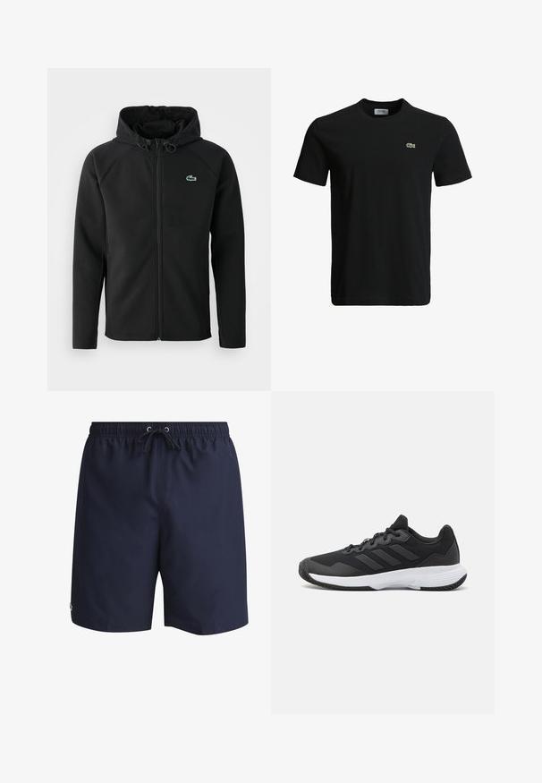 Giacca con cappuccio nera, realizzata in tessuto morbido ed elasticizzato. Presenta una zip frontale, tasche laterali e un piccolo logo verde di Lacoste sul petto.; T-shirt in cotone nero con colletto rotondo, maniche corte e un piccolo logo di coccodrillo verde sul lato sinistro del petto. Texture liscia, design casual.; Costumi da bagno blu navy realizzati in tessuto leggero, dotati di una vita elastica con cordino e un piccolo logo sul lato.; Scarpa da ginnastica nera con parte superiore texturizzata, tre strisce orizzontali e una suola bianca con battistrada a motivo. Design leggero e aerodinamico.