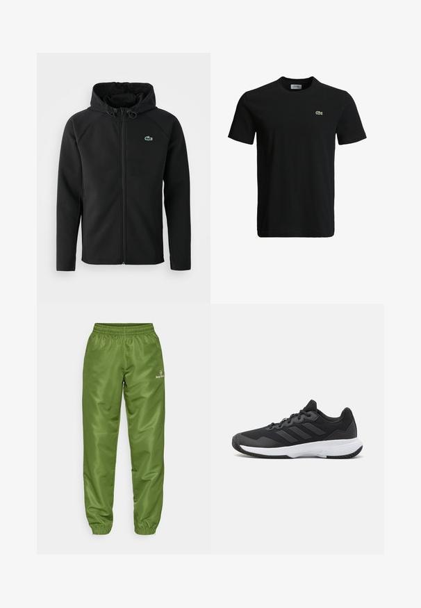 Černá kapucová bunda vyrobená z měkké, elastické látky. Má přední zip, boční kapsy a malé zelené logo Lacoste na prsou.; Černé bavlněné tričko s kulatým výstřihem, krátkými rukávy a malým zeleným krokodýlem na levé hrudi. Hladká textura, neformální design.; Zelené, lehké, voděodolné kalhoty s elastickým pasem a zúženými manžetami. Na levé noze se nachází malé bílé logo.; Černá sportovní obuv s texturovaným svrškem, třemi vodorovnými pruhy a bílou podrážkou s vzorovaným profilem. Lehký a aerodynamický design.