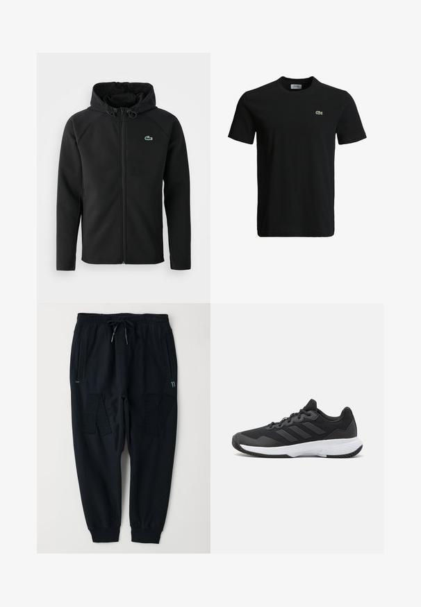Schwarze Kapuzenjacke aus weichem, dehnbarem Stoff. Verfügt über einen Reißverschluss an der Vorderseite, seitliche Taschen und ein kleines, grünes Lacoste-Logo auf der Brust.; Schwarzes Baumwoll-T-Shirt mit Rundhalsausschnitt, kurzen Ärmeln und einem kleinen grünen Krokodil-Logo auf der linken Brust. Glatte Textur, lässiges Design.; Schwarze Jogginghose aus einem Baumwollmischgewebe. Sie verfügt über einen elastischen Bund mit Kordelzug, zwei Seitentaschen und strukturierte Panelakzente.; Schwarzer Sportschuh mit strukturiertem Obermaterial, drei horizontalen Streifen und einer weißen Sohle mit einem gemusterten Profil. Leicht und schlank im Design.