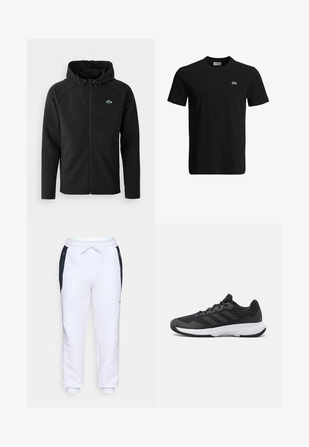 Zwarte hooded jacket, gemaakt van zachte, rekbare stof. Voorzien van een ritssluiting aan de voorkant, zijkerftjes en een klein groen Lacoste-logo op de borst.; Zwart katoenen t-shirt met een ronde hals, korte mouwen en een klein groen krokodillenlogo op de linkerborst. Vloeiende textuur, casual ontwerp.; Witte sweatpants met een drawstring tailleband, voorzien van zwarte zijpanelen, elastische boorden en een klein logo op het onderbeen. Zachte stoftextuur.; Zwarte sportieve schoen met een gestructureerde bovenkant, drie horizontale strepen en een witte zool met een gepatternde loopvlak. Lichtgewicht en gestroomlijnd ontwerp.