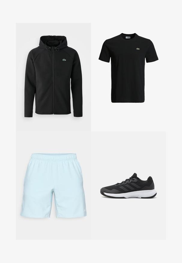 Casaco com capuz preto, feito de tecido macio e elástico. Apresenta um fecho éclair frontal, bolsos laterais e um pequeno logótipo verde da Lacoste no peito.; T-shirt de algodão preto com decote redondo, mangas curtas e um pequeno logotipo de crocodilo verde no lado esquerdo do peito. Textura suave, design casual.; Calças de desporto azul claro com uma cintura elástica, costuras planas e um pequeno logotipo no lado inferior direito. Tecido suave e leve.; Sapatilha atlética preta com um upper texturizado, três riscas horizontais e uma sola branca com um padrão de piso. Design leve e aerodinâmico.