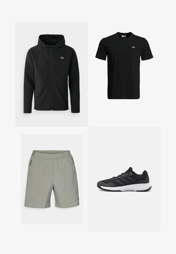 Svart huva jacka, gjord av mjukt, stretchigt tyg. Har en framsida dragkedja, sidofickor och en liten grön Lacoste-logotyp på bröstet.; Svart bomull t-shirt med rundad halsringning, korta ärmar och en liten grön krokodil-logotyp på vänster bröst. Slät textur, avslappnad design.; Ljust grå shorts med elastiskt midjeband, med ett subtilt rutmönster, två blixtlåsfickor på sidorna och en logotyp på nedre högra benet.; Svart idrottssko med en texturerad ovandel, tre horisontella ränder och en vit sula med ett mönstrat grepp. Lätt och strömlinjeformad design.