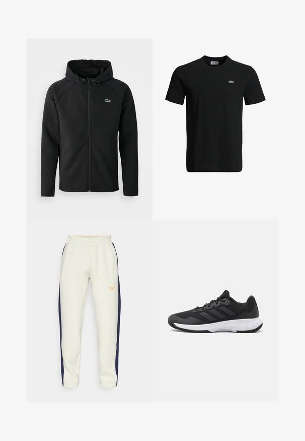 Čierna kapucňová bunda vyrobená z mäkkého a elastického materiálu. Má predný zips, bočné vrecká a malé zelené logo Lacoste na hrudi.; Čierne bavlnené tričko s okrúhlym výstrihom, krátkymi rukávmi a malým zeleným logo krokodíla na ľavej hrudi. Hladká textúra, ležérny dizajn.; Svetlé béžové tepláky so sťahovacím pásom, námorníckymi prúžkami po bokoch a oranžovým logom na ľavom stehne; vyrobené z mäkkého materiálu.; Čierna atletická topánka s textúrovaným zvrškom, s tromi horizontálnymi pruhmi a bielou podrážkou s vzorovaným profilom. Ľahký a aerodynamický dizajn.