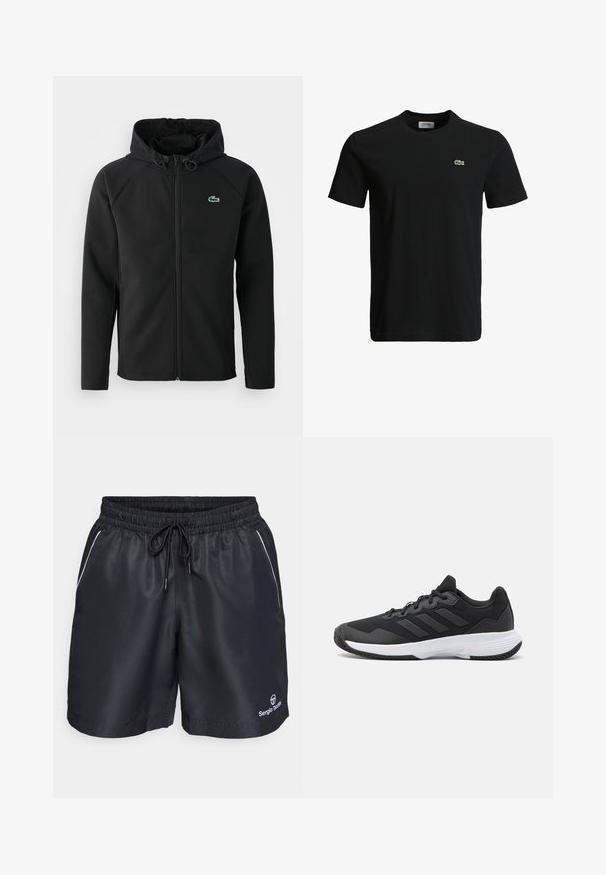 Melnas kapuces jaka, izgatavota no mīksta, stiepjama auduma. Tai ir priekšējais rāvējslēdzis, sānu kabatas un neliels zaļš Lacoste logo krūtīs.; Melna kokvilnas T-krekls ar apaļu kakla izgriezumu, īsām piedurknēm un mazu zaļu krokodila logotipu kreisajā krūtī. Gluda tekstūra, ikdienišķs dizains.; Melnas sporta šortus ar elastīgu jostu, auklu un baltām sānu akcentiem. Iekļauts izcilināts logs apakšējā labajā kājā.; Melna sporta apavi ar teksturētu virsu, trim horizontālām svītrām un baltu zoli ar rakstainu protektoru. Viegls un plūstošs dizains.