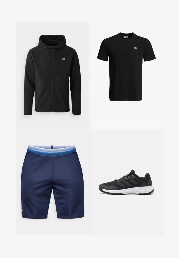 Černá kapucová bunda vyrobená z měkké, elastické látky. Má přední zip, boční kapsy a malé zelené logo Lacoste na prsou.; Černé bavlněné tričko s kulatým výstřihem, krátkými rukávy a malým zeleným krokodýlem na levé hrudi. Hladká textura, neformální design.; Lacoste Sport SHORTS - Sportovní kraťasy - navy blue/white; Černá sportovní obuv s texturovaným svrškem, třemi vodorovnými pruhy a bílou podrážkou s vzorovaným profilem. Lehký a aerodynamický design.