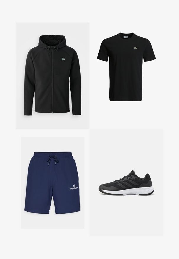 Juodas gobtuvinė striukė, pagaminta iš minkštos, tamprios medžiagos. Su priekiniais užtrauktukais, šoniniais kišenėmis ir mažu žaliu Lacoste logotipu ant krūtinės.; Juodas medvilninis marškinėliai su apvaliu kaklu, trumpomis rankovėmis ir mažu žaliu krokodilo logotipu kairėje krūtinės pusėje. Lygi tekstūra, kasdieniškas dizainas.; Tamsiai mėlynos sportinės šortai su elastinga juosta, raišteliu ir baltais šonų akcentais. Kairėje šlaunies pusėje yra logotipas.; Juodas sportinis batelis su tekstūruota viršutine dalimi, trimis horizontaliomis juostelėmis ir baltu padu su raštuotu protektoriumi. Lengvas ir aerodinamiškas dizainas.