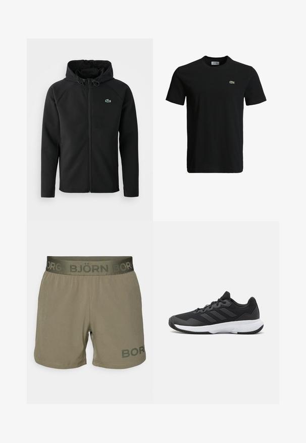 Svart huva jacka, gjord av mjukt, stretchigt tyg. Har en framsida dragkedja, sidofickor och en liten grön Lacoste-logotyp på bröstet.; Svart bomull t-shirt med rundad halsringning, korta ärmar och en liten grön krokodil-logotyp på vänster bröst. Slät textur, avslappnad design.; Herrshorts i olivgrön tyg med elastisk midja som har "BJÖRN BOR"-logotyp. Slät textur, mitt-i-låret snitt, sydda kantdetaljer.; Svart idrottssko med en texturerad ovandel, tre horisontella ränder och en vit sula med ett mönstrat grepp. Lätt och strömlinjeformad design.