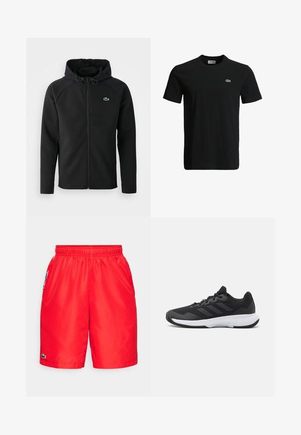 Melnas kapuces jaka, izgatavota no mīksta, stiepjama auduma. Tai ir priekšējais rāvējslēdzis, sānu kabatas un neliels zaļš Lacoste logo krūtīs.; Melna kokvilnas T-krekls ar apaļu kakla izgriezumu, īsām piedurknēm un mazu zaļu krokodila logotipu kreisajā krūtī. Gluda tekstūra, ikdienišķs dizains.; Sarkans peldkostīms ar elastīgu jostasvietu, sānu kabatām un strukturētu audumu. Iekļauj nelielu zaļu logotipu apakšējā kreisajā pusē.; Melna sporta apavi ar teksturētu virsu, trim horizontālām svītrām un baltu zoli ar rakstainu protektoru. Viegls un plūstošs dizains.