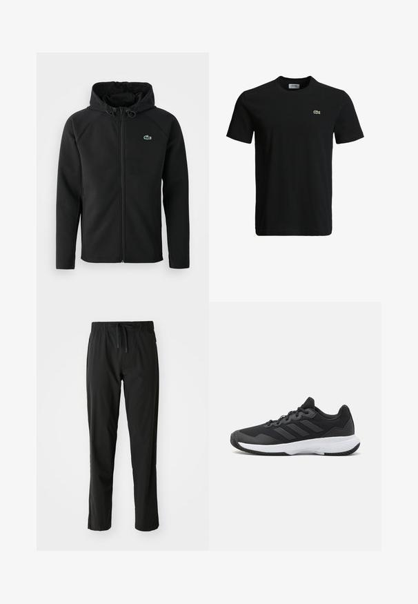 Svart huva jacka, gjord av mjukt, stretchigt tyg. Har en framsida dragkedja, sidofickor och en liten grön Lacoste-logotyp på bröstet.; Svart bomull t-shirt med rundad halsringning, korta ärmar och en liten grön krokodil-logotyp på vänster bröst. Slät textur, avslappnad design.; BOSS ACTIVE MOVE - Träningsbyxor - black; Svart idrottssko med en texturerad ovandel, tre horisontella ränder och en vit sula med ett mönstrat grepp. Lätt och strömlinjeformad design.
