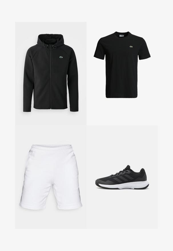 Casaco com capuz preto, feito de tecido macio e elástico. Apresenta um fecho éclair frontal, bolsos laterais e um pequeno logótipo verde da Lacoste no peito.; T-shirt de algodão preto com decote redondo, mangas curtas e um pequeno logotipo de crocodilo verde no lado esquerdo do peito. Textura suave, design casual.; Bermudas brancas de treino com uma cintura elástica, apresentando detalhes laterais em preto e bainha dobrada. Feitas de um tecido macio em mistura de algodão.; Sapatilha atlética preta com um upper texturizado, três riscas horizontais e uma sola branca com um padrão de piso. Design leve e aerodinâmico.