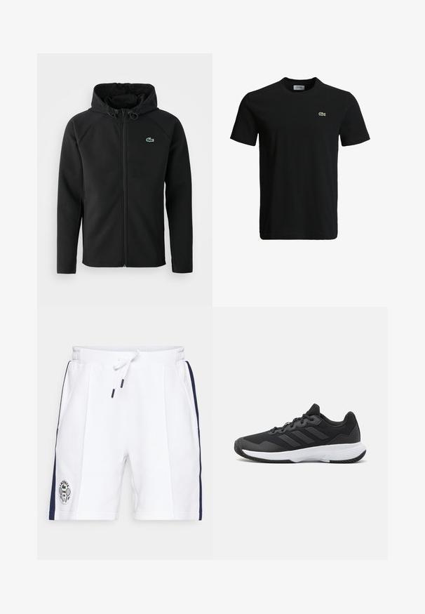 Casaco com capuz preto, feito de tecido macio e elástico. Apresenta um fecho éclair frontal, bolsos laterais e um pequeno logótipo verde da Lacoste no peito.; T-shirt de algodão preto com decote redondo, mangas curtas e um pequeno logotipo de crocodilo verde no lado esquerdo do peito. Textura suave, design casual.; Calções brancos com cós elástico e cordão ajustável. Apresenta riscas laterais em azul-marinho e um logo do Lacoste Tennis Club na perna esquerda.; Sapatilha atlética preta com um upper texturizado, três riscas horizontais e uma sola branca com um padrão de piso. Design leve e aerodinâmico.