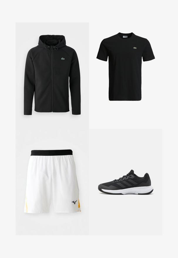 Fekete kapucnis dzseki, puha, rugalmas anyagból készült. Elöl cipzáros, oldalsó zsebekkel rendelkezik, és egy kisebb, zöld Lacoste logó található a mellrészen.; Fekete pamut póló kerek nyakkivágással, rövid ujjakkal és egy kis zöld krokodil logóval a bal mellen. Sima textúra, laza dizájn.; Fehér sportnadrág fekete rugalmas derékkal és sárga oldalsó akcentusokkal, a jobb lábon kis fekete sportmárka logóval.; Fekete sportcipő, amely texturált felsőrésszel, három vízszintes csíkkal és mintázott talppal ellátott fehér talppal rendelkezik. Könnyű és áramvonalas dizájn.