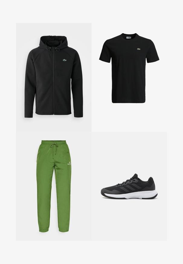 Černá kapucová bunda vyrobená z měkké, elastické látky. Má přední zip, boční kapsy a malé zelené logo Lacoste na prsou.; Černé bavlněné tričko s kulatým výstřihem, krátkými rukávy a malým zeleným krokodýlem na levé hrudi. Hladká textura, neformální design.; Zelené, lehké joggingové kalhoty s elastickým pasem, šňůrkovým zapínáním a logem na levé straně. Hladká, lesklá textura.; Černá sportovní obuv s texturovaným svrškem, třemi vodorovnými pruhy a bílou podrážkou s vzorovaným profilem. Lehký a aerodynamický design.