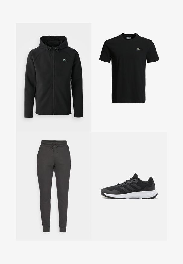 Casaco com capuz preto, feito de tecido macio e elástico. Apresenta um fecho éclair frontal, bolsos laterais e um pequeno logótipo verde da Lacoste no peito.; T-shirt de algodão preto com decote redondo, mangas curtas e um pequeno logotipo de crocodilo verde no lado esquerdo do peito. Textura suave, design casual.; Björn Borg ESSENTIAL SWEATPANTS - Calças de fato de treino - pirate black; Sapatilha atlética preta com um upper texturizado, três riscas horizontais e uma sola branca com um padrão de piso. Design leve e aerodinâmico.