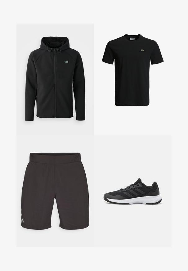 Svart hettejakke laget av myk, elastisk stoff. Har frontglidning, sidelommer og en liten grønn Lacoste-logo på brystet.; Svart bomulls T-skjorte med rund hals, korte ermer, og en liten grønn krokodille-logo på venstre bryst. Glatt tekstur, uformelt design.; Sorte shorts laget av lett materiale med en glattere tekstur, med elastisk midjebånd og en liten farget logo nederst til venstre.; Svart idrettssko med teksturert overdel, tre horisontale striper, og en hvit såle med mønstret gummibunn. Lettvekts og strømlinjeformet design.