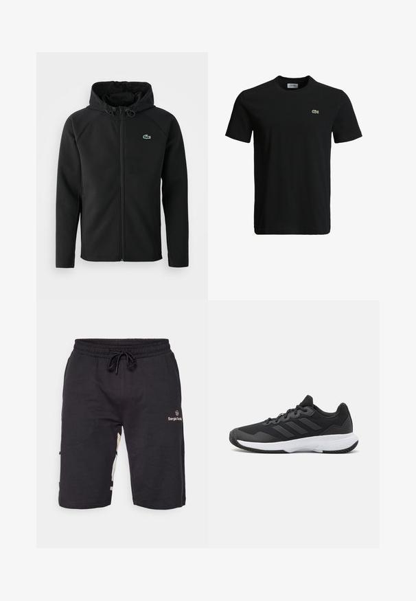 Juodas gobtuvinė striukė, pagaminta iš minkštos, tamprios medžiagos. Su priekiniais užtrauktukais, šoniniais kišenėmis ir mažu žaliu Lacoste logotipu ant krūtinės.; Juodas medvilninis marškinėliai su apvaliu kaklu, trumpomis rankovėmis ir mažu žaliu krokodilo logotipu kairėje krūtinės pusėje. Lygi tekstūra, kasdieniškas dizainas.; Juodi sportiniai šortai su elastingu juosmeniu, reguliuojamu raišteliu ir auksiniu logotipu kairėje pusėje. Yra šoninės detalės.; Juodas sportinis batelis su tekstūruota viršutine dalimi, trimis horizontaliomis juostelėmis ir baltu padu su raštuotu protektoriumi. Lengvas ir aerodinamiškas dizainas.