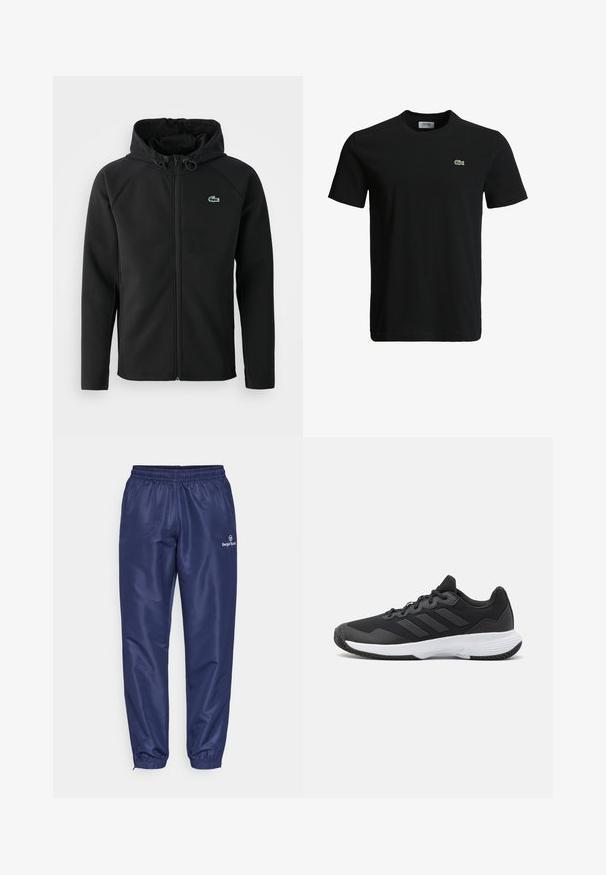 Čierna kapucňová bunda vyrobená z mäkkého a elastického materiálu. Má predný zips, bočné vrecká a malé zelené logo Lacoste na hrudi.; Čierne bavlnené tričko s okrúhlym výstrihom, krátkymi rukávmi a malým zeleným logo krokodíla na ľavej hrudi. Hladká textúra, ležérny dizajn.; Námorné športové nohavice s elastickým pásom a manžetami. Vyrobené z hladkej, ľahkej tkaniny. Na strane sa nachádza malé logo.; Čierna atletická topánka s textúrovaným zvrškom, s tromi horizontálnymi pruhmi a bielou podrážkou s vzorovaným profilom. Ľahký a aerodynamický dizajn.