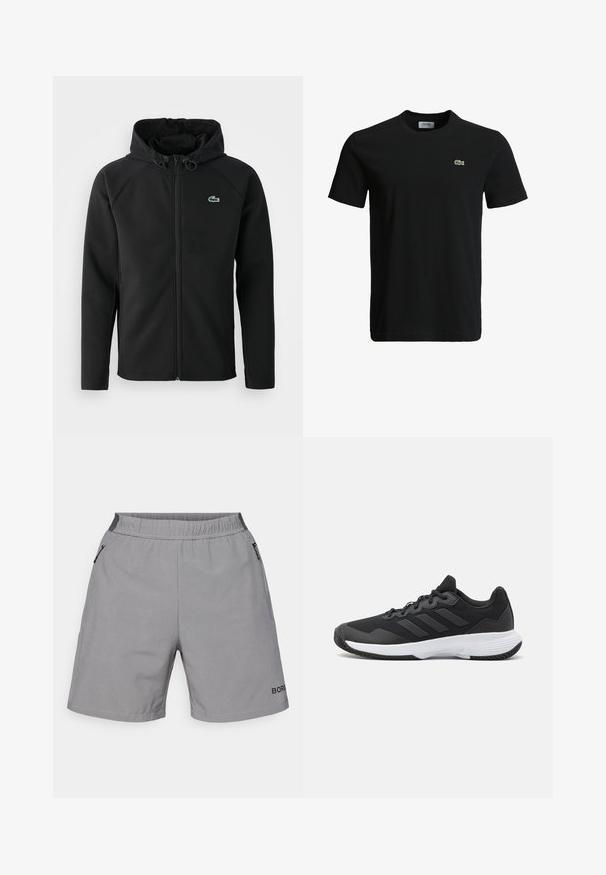 Casaco com capuz preto, feito de tecido macio e elástico. Apresenta um fecho éclair frontal, bolsos laterais e um pequeno logótipo verde da Lacoste no peito.; T-shirt de algodão preto com decote redondo, mangas curtas e um pequeno logotipo de crocodilo verde no lado esquerdo do peito. Textura suave, design casual.; Calções cinzentos feitos de tecido texturizado com uma cintura elástica, featuring bolsos com zíper e um destaque de logótipo na perna direita inferior.; Sapatilha atlética preta com um upper texturizado, três riscas horizontais e uma sola branca com um padrão de piso. Design leve e aerodinâmico.