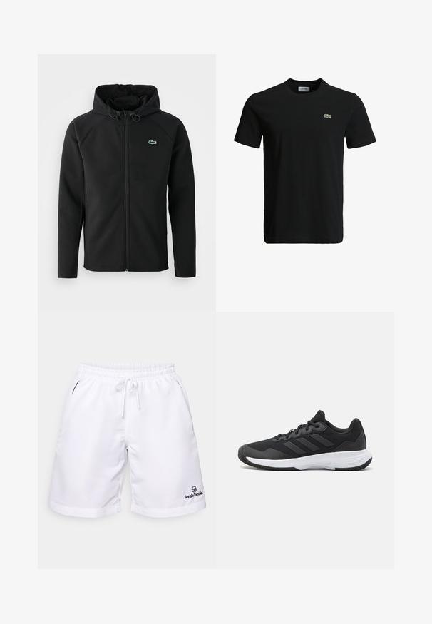 Melnas kapuces jaka, izgatavota no mīksta, stiepjama auduma. Tai ir priekšējais rāvējslēdzis, sānu kabatas un neliels zaļš Lacoste logo krūtīs.; Melna kokvilnas T-krekls ar apaļu kakla izgriezumu, īsām piedurknēm un mazu zaļu krokodila logotipu kreisajā krūtī. Gluda tekstūra, ikdienišķs dizains.; Baltās sporta šortus ar elastīgu jostu un auklu; ir sānu kabatas un mazs melns logo tuvāk apakšmalai.; Melna sporta apavi ar teksturētu virsu, trim horizontālām svītrām un baltu zoli ar rakstainu protektoru. Viegls un plūstošs dizains.