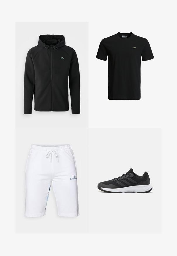 Musta huppari, joka on valmistettu pehmeästä ja joustavasta kankaasta. Siinä on edessä vetoketju, sivutaskut ja pieni vihreä Lacoste-logo rinnassa.; Musta puuvillapaita, jossa on pyöreä kaula-aukko, lyhyet hihat ja pieni vihreä krokotiililogo vasemmassa rinnassa. Sileä kuitu, rento muotoilu.; Valkoiset shortsit, joissa on joustava vyötärö ja kiristysnauha. Niissä on siniset ja vaaleansiniset sivupaneelit sekä logoyksityiskohta tummansinisellä. Pehmeää puuvillamateriaalia.; Musta urheilukenkä, jossa on teksturoidut päälliset, kolme vaakasuoraa raitaa ja valkoinen pohja, jossa on kuvioitu kulutuspinta. Kevyt ja virtaviivainen muotoilu.