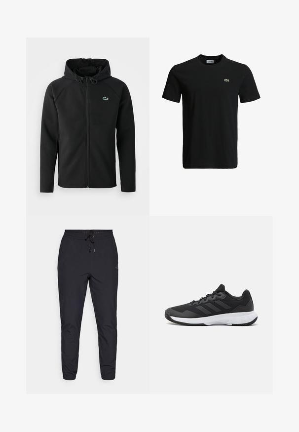 Svart hettejakke laget av myk, elastisk stoff. Har frontglidning, sidelommer og en liten grønn Lacoste-logo på brystet.; Svart bomulls T-skjorte med rund hals, korte ermer, og en liten grønn krokodille-logo på venstre bryst. Glatt tekstur, uformelt design.; Sorte joggebukser laget av lett materiale, med snøring i livet, smale ben og en liten logo detalj på siden.; Svart idrettssko med teksturert overdel, tre horisontale striper, og en hvit såle med mønstret gummibunn. Lettvekts og strømlinjeformet design.