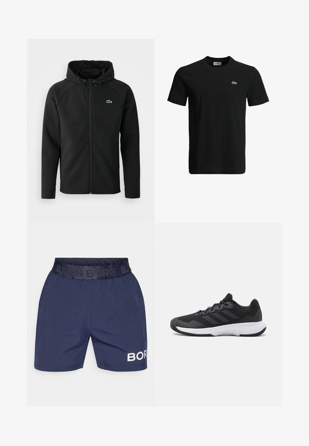Casaco com capuz preto, feito de tecido macio e elástico. Apresenta um fecho éclair frontal, bolsos laterais e um pequeno logótipo verde da Lacoste no peito.; T-shirt de algodão preto com decote redondo, mangas curtas e um pequeno logotipo de crocodilo verde no lado esquerdo do peito. Textura suave, design casual.; Shorts atléticos azul marinho com cintura elástica, apresentando uma faixa de logotipo preta. A perna esquerda tem um detalhe de logotipo em texto perfurado branco.; Sapatilha atlética preta com um upper texturizado, três riscas horizontais e uma sola branca com um padrão de piso. Design leve e aerodinâmico.