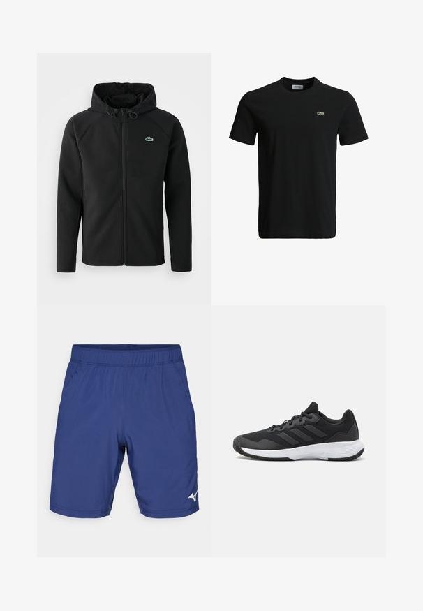 Musta huppari, joka on valmistettu pehmeästä ja joustavasta kankaasta. Siinä on edessä vetoketju, sivutaskut ja pieni vihreä Lacoste-logo rinnassa.; Musta puuvillapaita, jossa on pyöreä kaula-aukko, lyhyet hihat ja pieni vihreä krokotiililogo vasemmassa rinnassa. Sileä kuitu, rento muotoilu.; Tummansiniset urheilushortsit, joissa on joustava vyötärö, kaksi sivutaskua ja valkoinen logo-tyyli. Valmistettu kevyestä synteettisestä materiaalista.; Musta urheilukenkä, jossa on teksturoidut päälliset, kolme vaakasuoraa raitaa ja valkoinen pohja, jossa on kuvioitu kulutuspinta. Kevyt ja virtaviivainen muotoilu.