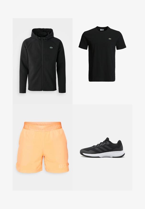Musta huppari, joka on valmistettu pehmeästä ja joustavasta kankaasta. Siinä on edessä vetoketju, sivutaskut ja pieni vihreä Lacoste-logo rinnassa.; Musta puuvillapaita, jossa on pyöreä kaula-aukko, lyhyet hihat ja pieni vihreä krokotiililogo vasemmassa rinnassa. Sileä kuitu, rento muotoilu.; Oranssit urheilushortsit, joissa on teksturoitu vyötärö. Vasemmassa lahkeessa on huomaamaton heijastava "BORG"-logo. Sujuva kangas, rento istuvuus.; Musta urheilukenkä, jossa on teksturoidut päälliset, kolme vaakasuoraa raitaa ja valkoinen pohja, jossa on kuvioitu kulutuspinta. Kevyt ja virtaviivainen muotoilu.