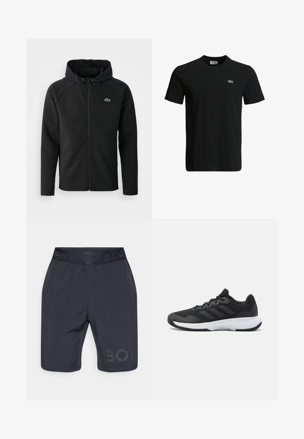 Črna kapuca, narejena iz mehke, raztegljive tkanine. Ima sprednji zadrgo, stranske žepe in majhen zeleno Lacoste logo na prsih.; Črna bombažna majica s krožnim izrezom, kratkimi rokavi in majhnim zelenim krokodilovim logotipom na levem prsnem delu. Gladka tekstura, sproščen dizajn.; Črne športne kratke hlače z elastičnim pasom, ki vsebujejo subtilen izbočen logotip. Narejene iz lahkega materiala z gladko teksturo.; Črne atletske čevlje s teksturirano zgornjim delom, tremi vodoravnimi črtami in belim podplatom z vzorčnim profilom. Lahka in aerodinamika oblika.