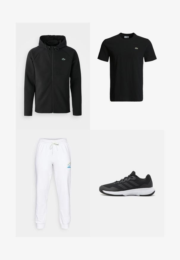 Black hooded jacket, made of soft, stretchy fabric. Features a front zipper, side pockets, and a small, green Lacoste logo on the chest.; Black cotton t-shirt with a crew neck, short sleeves, and a small green crocodile logo on the left chest. Smooth texture, casual design.; White cotton sweatpants with an elastic waistband, adjustable drawstring, and logo detail in blue and rainbow colors on the left thigh.; Black athletic shoe featuring a textured upper, three horizontal stripes, and a white sole with a patterned tread. Lightweight and streamlined design.