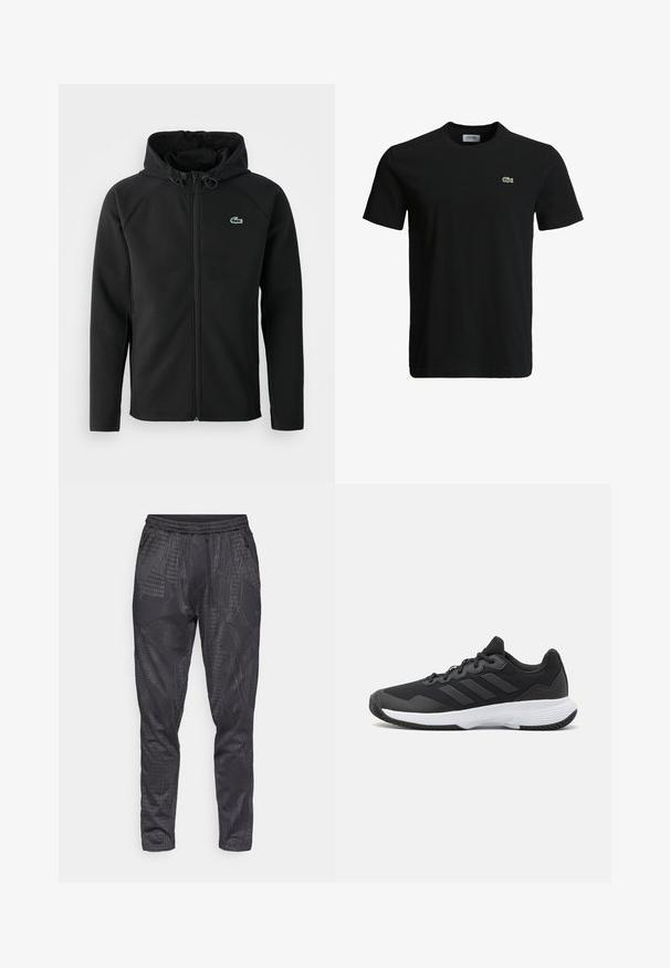 Melnas kapuces jaka, izgatavota no mīksta, stiepjama auduma. Tai ir priekšējais rāvējslēdzis, sānu kabatas un neliels zaļš Lacoste logo krūtīs.; Melna kokvilnas T-krekls ar apaļu kakla izgriezumu, īsām piedurknēm un mazu zaļu krokodila logotipu kreisajā krūtī. Gluda tekstūra, ikdienišķs dizains.; Elastīgas jostas bikses tumši pelēkā audumā ar ģeometrisku rakstu un divām sānu rāvējslēdzēju kabatām. Sašaurinātas kājas dizains ar gludu tekstūru.; Melna sporta apavi ar teksturētu virsu, trim horizontālām svītrām un baltu zoli ar rakstainu protektoru. Viegls un plūstošs dizains.