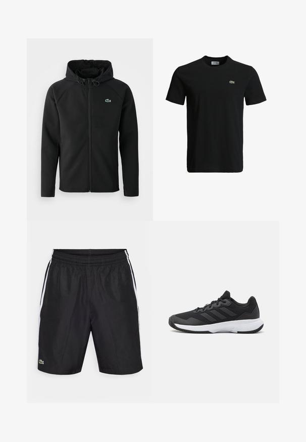 Casaco com capuz preto, feito de tecido macio e elástico. Apresenta um fecho éclair frontal, bolsos laterais e um pequeno logótipo verde da Lacoste no peito.; T-shirt de algodão preto com decote redondo, mangas curtas e um pequeno logotipo de crocodilo verde no lado esquerdo do peito. Textura suave, design casual.; Calções desportivos pretos com cinta elástica, riscas laterais brancas, textura em malha e um pequeno logótipo verde da Lacoste no lado inferior esquerdo.; Sapatilha atlética preta com um upper texturizado, três riscas horizontais e uma sola branca com um padrão de piso. Design leve e aerodinâmico.