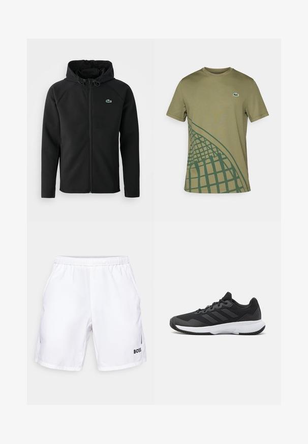 Black hooded jacket, made of soft, stretchy fabric. Features a front zipper, side pockets, and a small, green Lacoste logo on the chest.; Olive green T-shirt made of smooth fabric, featuring a green geometric pattern on one side and a small Lacoste logo on the chest.; White athletic shorts with an elastic waistband, side pockets, and a black logo on the bottom right. Smooth, lightweight fabric.; Black athletic shoe featuring a textured upper, three horizontal stripes, and a white sole with a patterned tread. Lightweight and streamlined design.